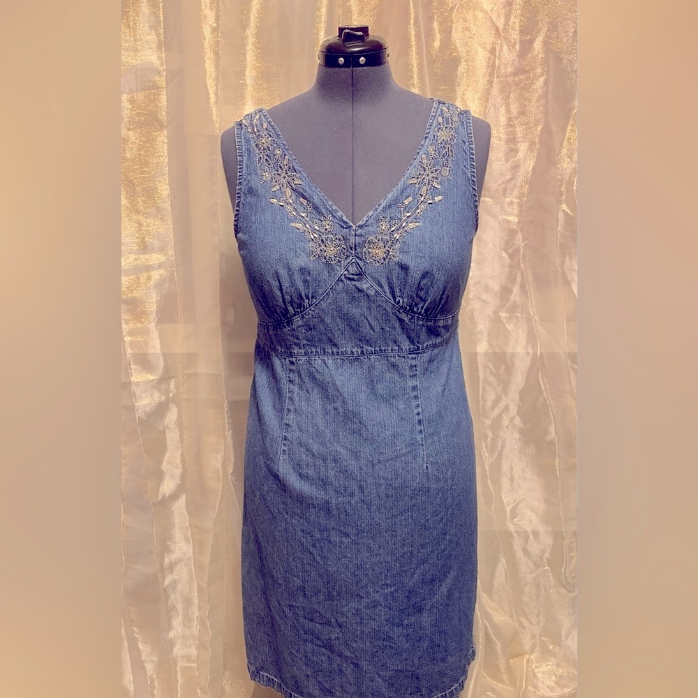 👖Vintage Faded Glory Embroidered Denim Overall Dress Y2K 90s. L(12-14)